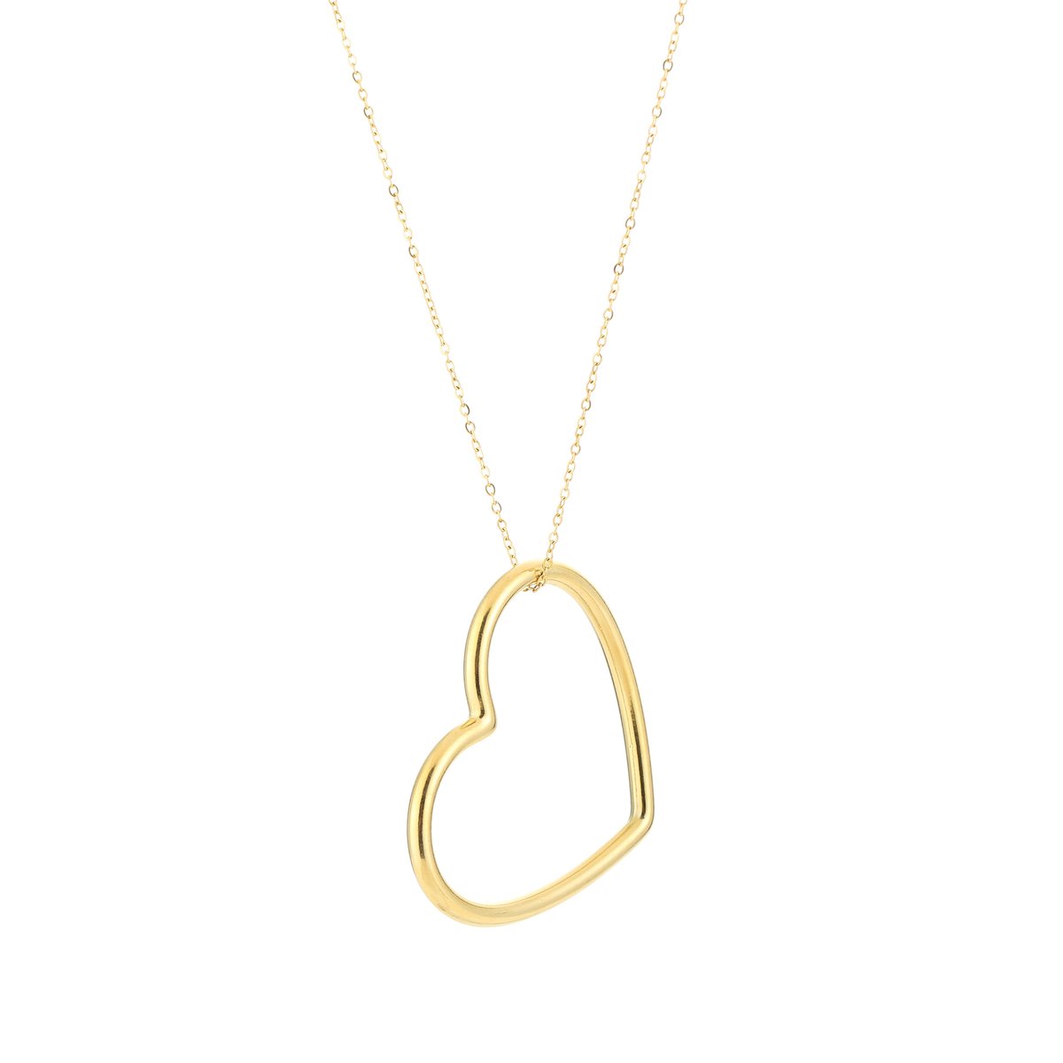 Open Heart Frame Pendant Cable Chain Necklace – Ketting met Basic Hart – RVS - Goud