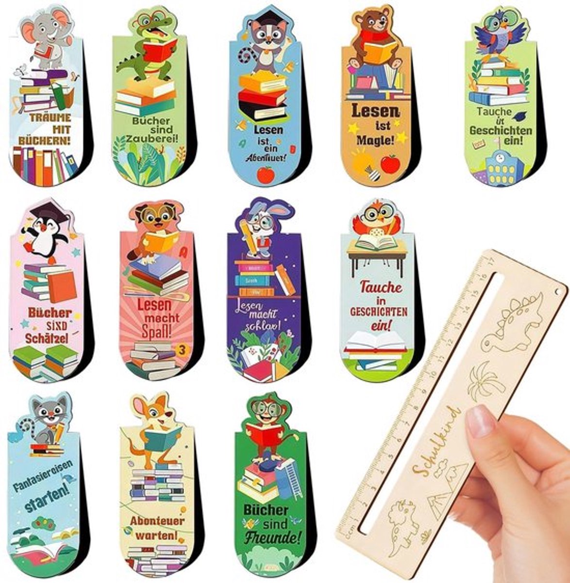 Boekenleggerset 12 stuks - Magnetische Bladwijzers - Houten Liniaal - Dierdesign - Inspirerende Spreuken - Perfect Cadeau