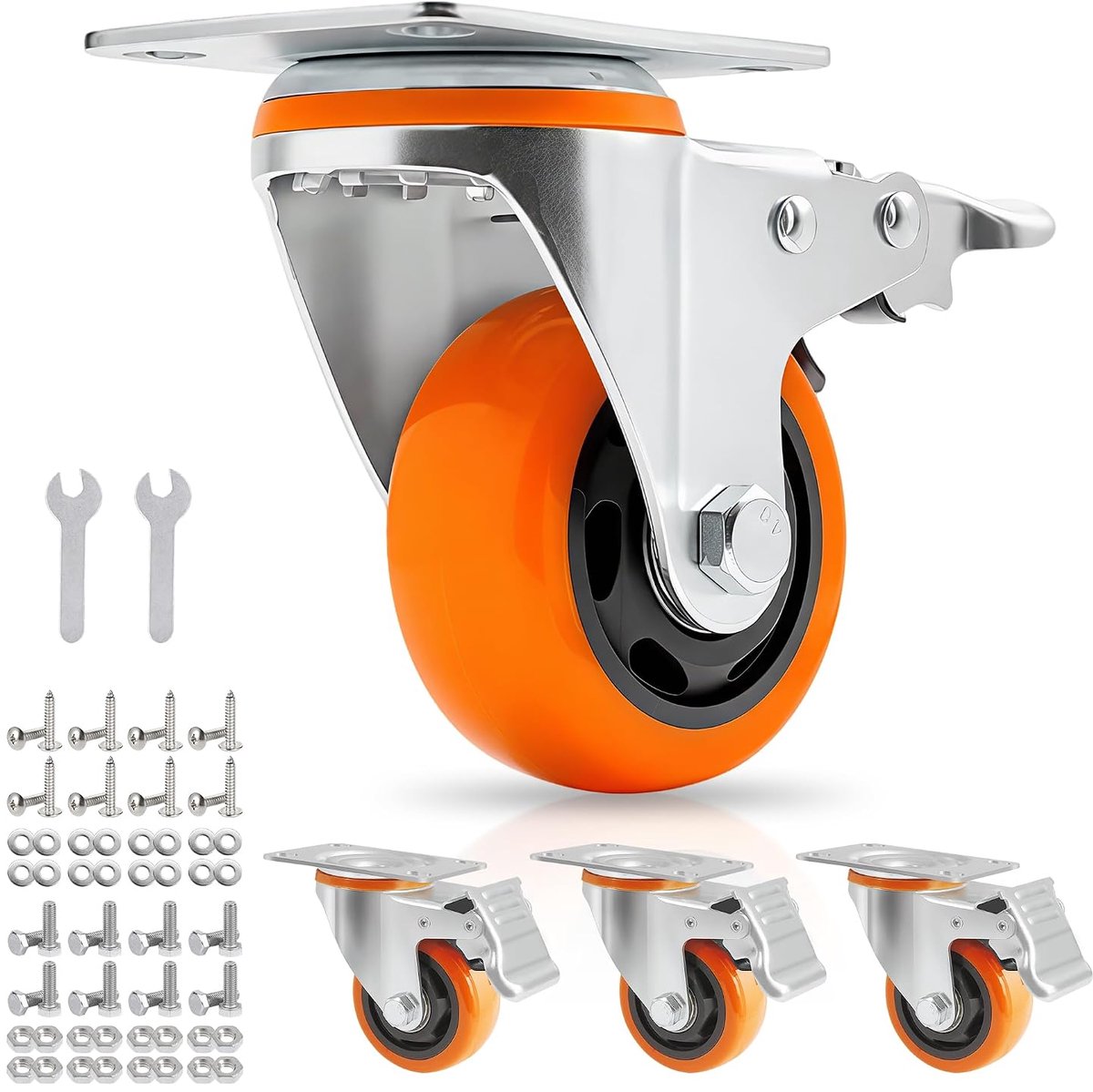 Heavy Duty Wheels 75 mm with Brake, Set of 4 Castors for Furniture, 450 kg Load Capacity, Orange - ShopVlot
