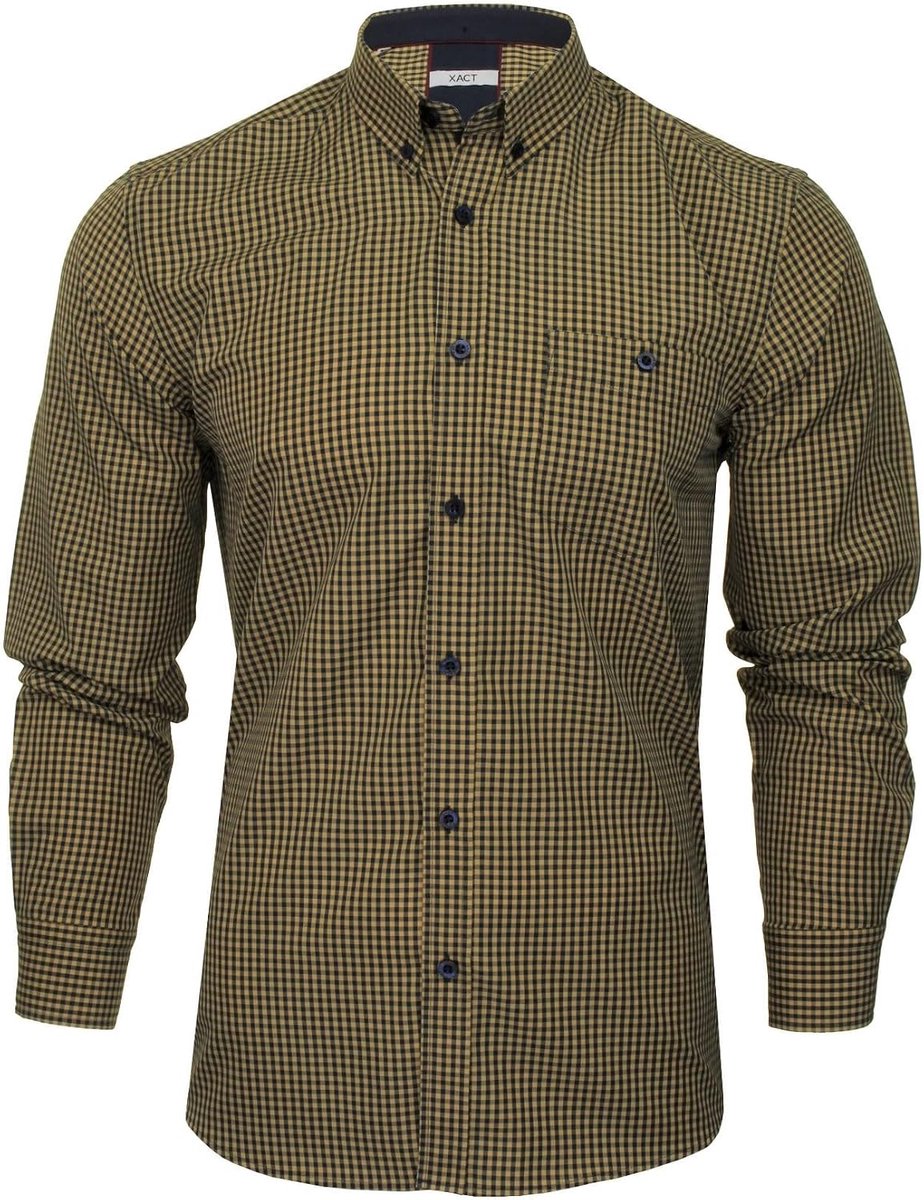 Xact Men's Gingham Plaid Button Down Collar Shirt - Long Sleeves, Mustard/Navy, Medium - ShopVlot