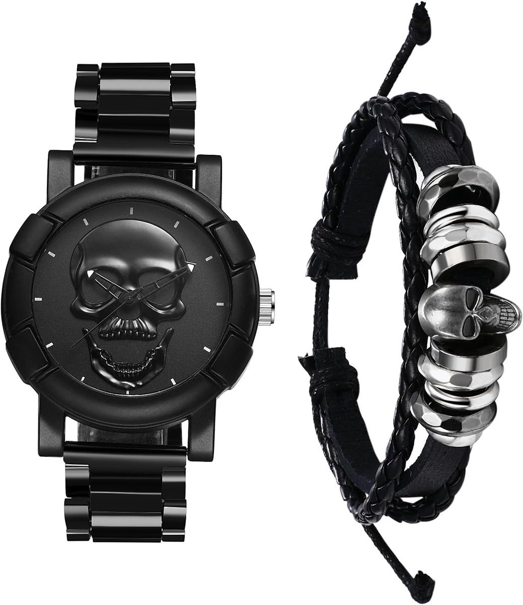 Avaner Watches Men's Leather Bracelet Halloween: Steampunk Watch Bracelet Set Skull Skull Wrist Watch Genuine Leather - ShopVlot