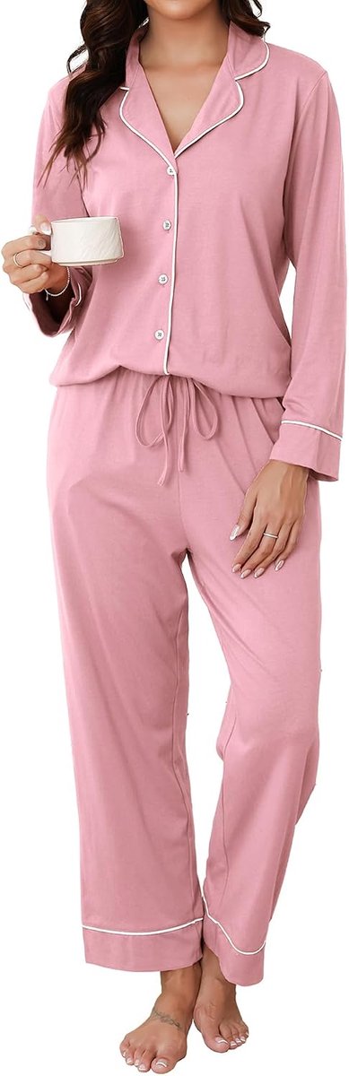 Women's Cotton Pajama Set with Buttons, Long V Neck Two Piece Long Loungewear Home Suit Pajamas Comfortable Top and - ShopVlot