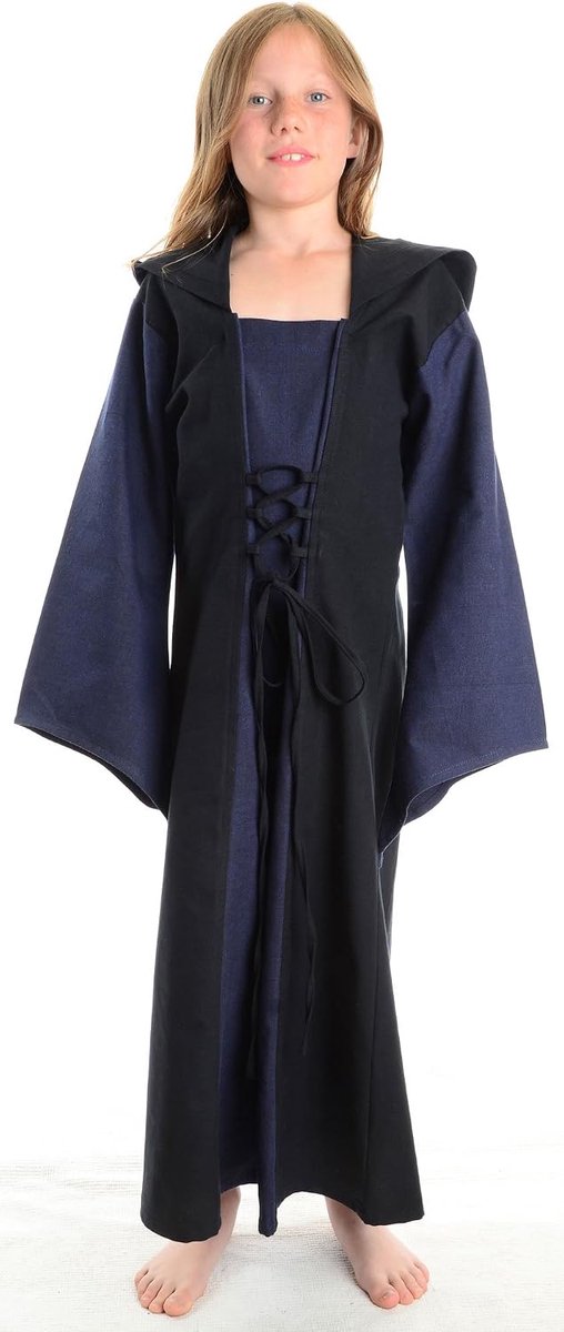 Medieval girl dress with lacing at the front and back and long hood - heavy cotton - Blue-Black XS, sparkling white, XS - ShopVlot