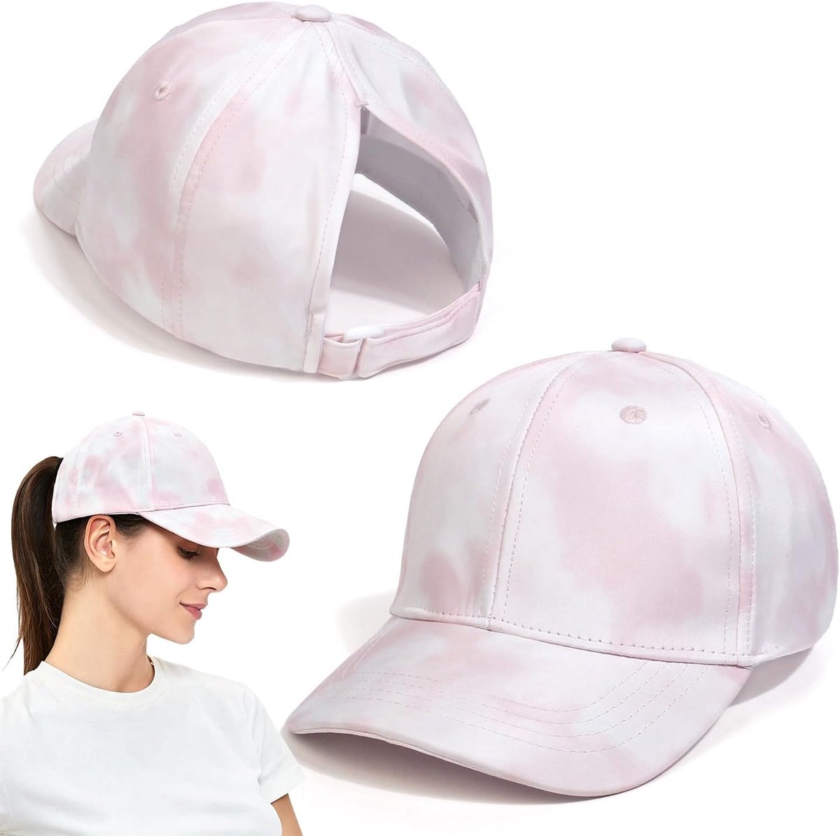 Tie Dye roze-wit, pet met paardenstaartopening, verstelbare zonnekap, ideaal voor outdoorsport, reizen, dagelijks - ShopVlot