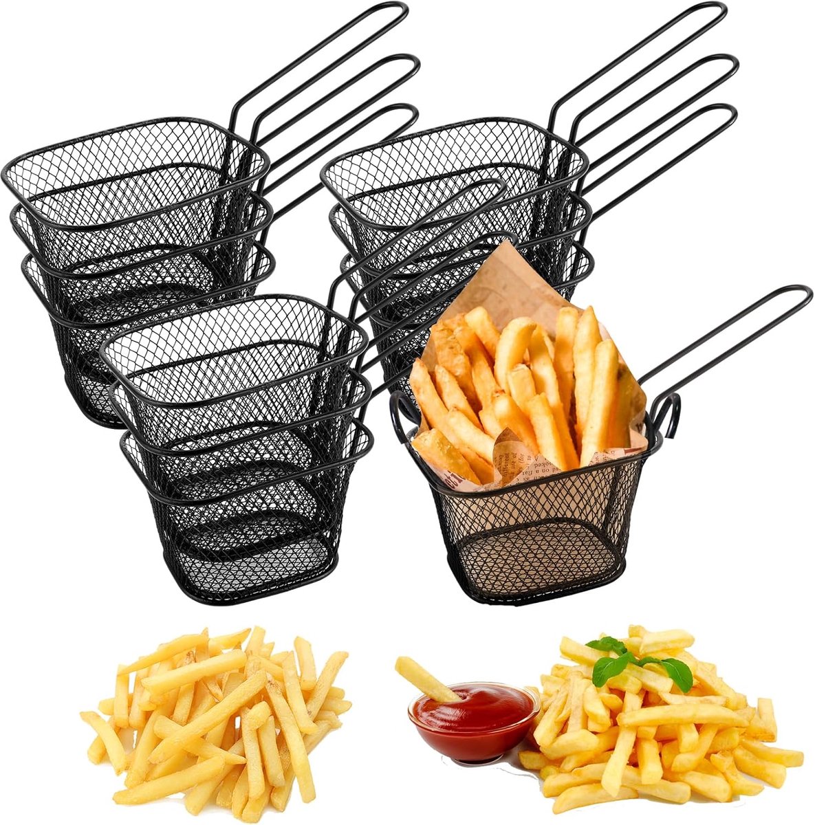 10 Pcs Deep Frying Basket, Mini Stainless Steel Deep Frying Basket, Black Handle, for Fries, Shrimp and Onion Rings - ShopVlot