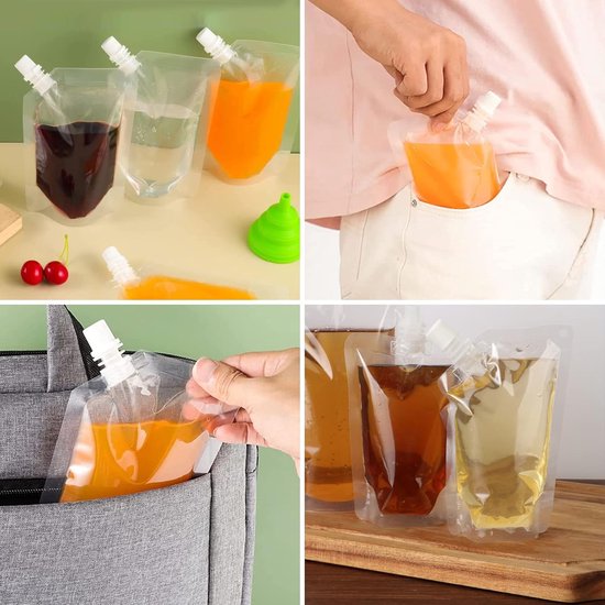 Beverage Bags, 15 Transparent Drink Bags, Reusable Spout Bags and 2 Pieces Funnel, Plastic Drinking Bag for Ice - ShopVlot — afbeelding 5