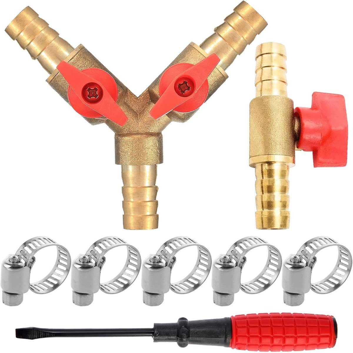 3-way hose connector, 10 mm and 2-way ball valve, 10 mm, with 5 hose clamps, stainless steel, 6-12 mm hose connection - ShopVlot