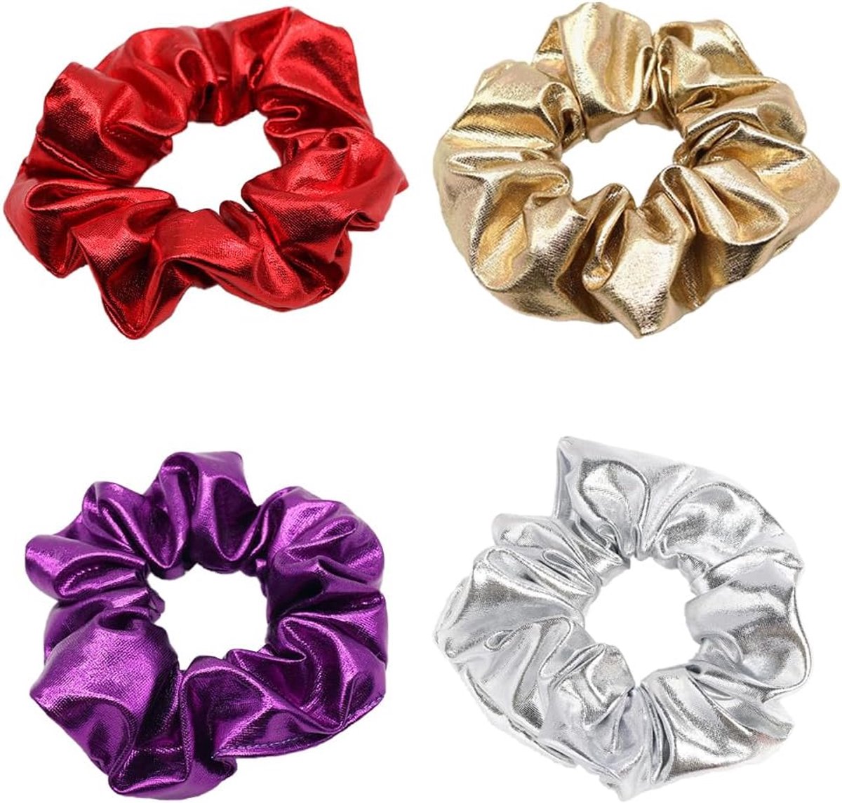 Set van 4 glanzende haarscrunchies, zachte elastieken haartouw, retro themaelastiekjes, effen grote - ShopVlot