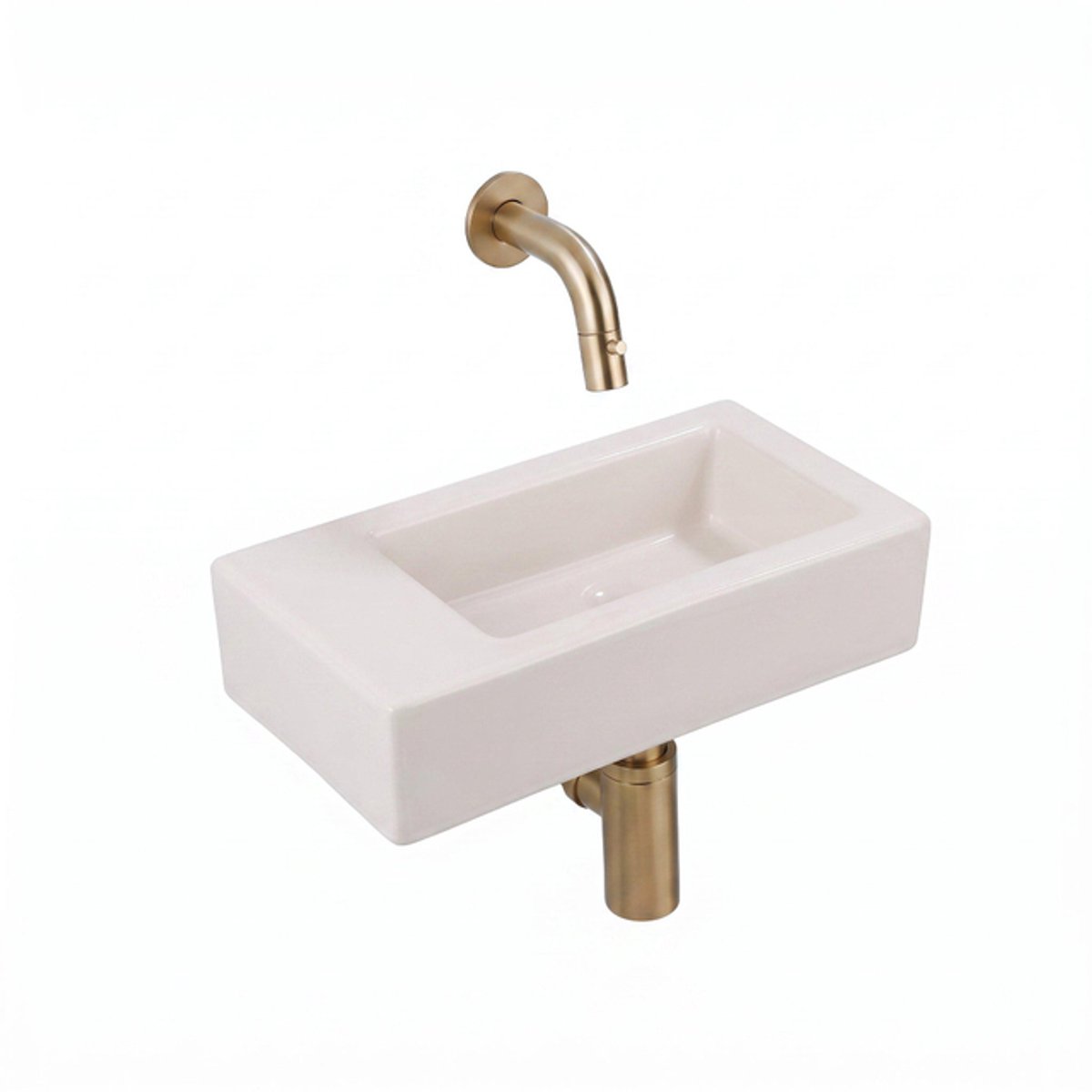 QeramiQ Fuente Fontein - 38x18.5x9cm - keramiek - zonder fonteinkraangat - fonteinkraan geborsteld messing - verlaagd sifon - afvoerplug - linnen