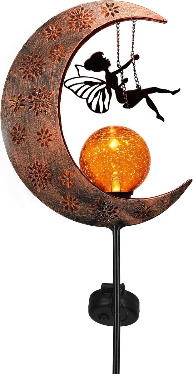 TERESA'S COLLECTIONS Fairy Swinging on the Moon Garden Ornament, Metal Fairy and Moon Figurine with Cracked Glass Ball - ShopVlot