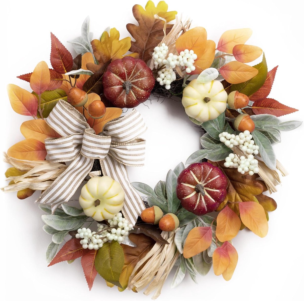 Valery Madelyn 18 Inch Fall Front Door Wreath Fall Wreath Decorations with Orange White Pumpkin, Berry Clusters, Pine - ShopVlot