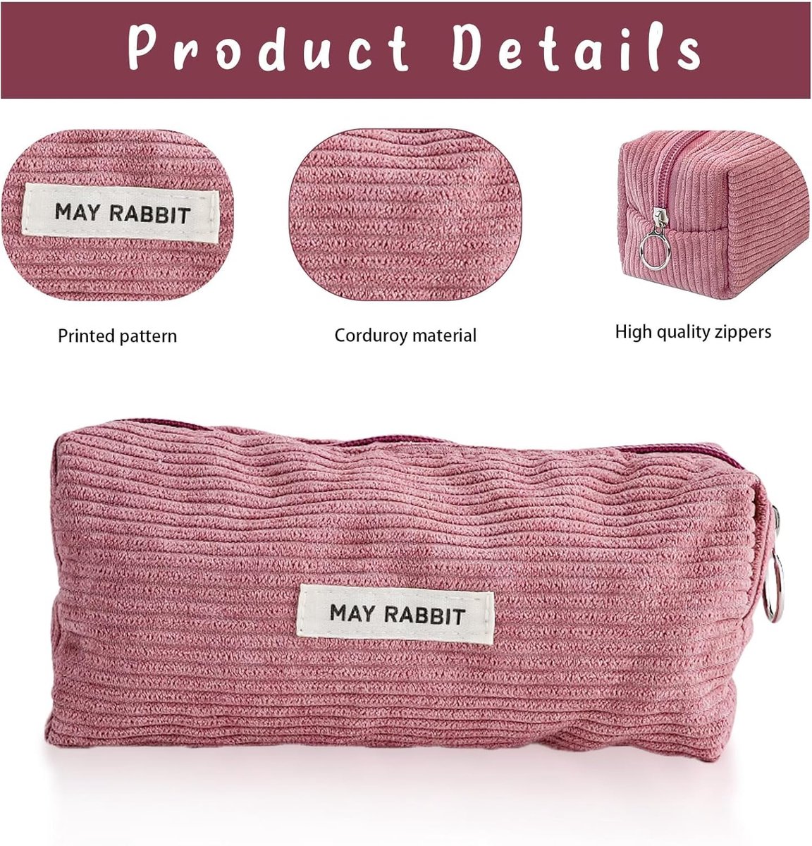 Briefpapier etui van corduroy, effen, groot etui voor schrijfwaren, make-uptas, voor meisjes, schoolartikelen (roze) - ShopVlot