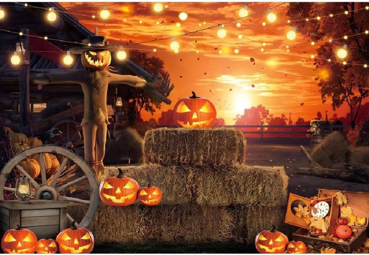 2,5 x 1,8 m Halloween Achtergaag, pompoen, vogelverschrikker, glitterverlichting, fotografie, achtergrond, herfst - ShopVlot