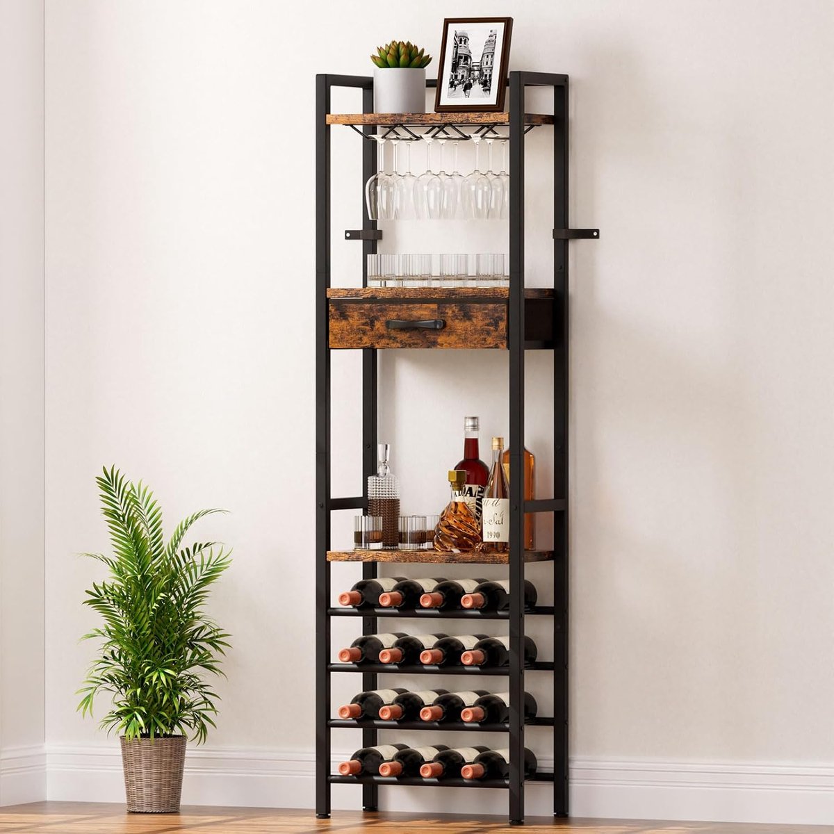 Yorbay Wine Rack for 16 Bottles, Freestanding 4-Layer Wine Rack with Glass Holders and Drawer, Vintage Metal Bottle - ShopVlot