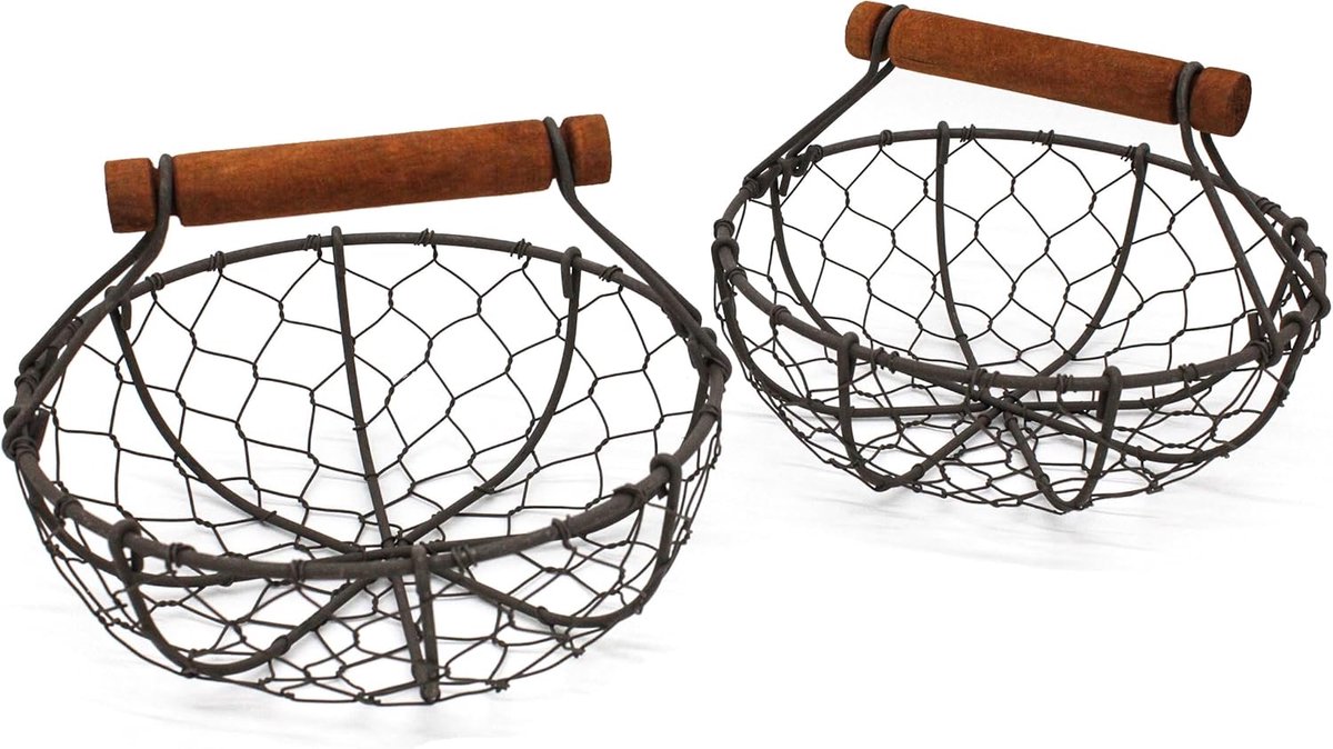 CVHOMEDECO. Chicken Wire Egg Baskets Rust Collecting Baskets with Wooden Handle Country Vintage Style Storage Baskets - ShopVlot