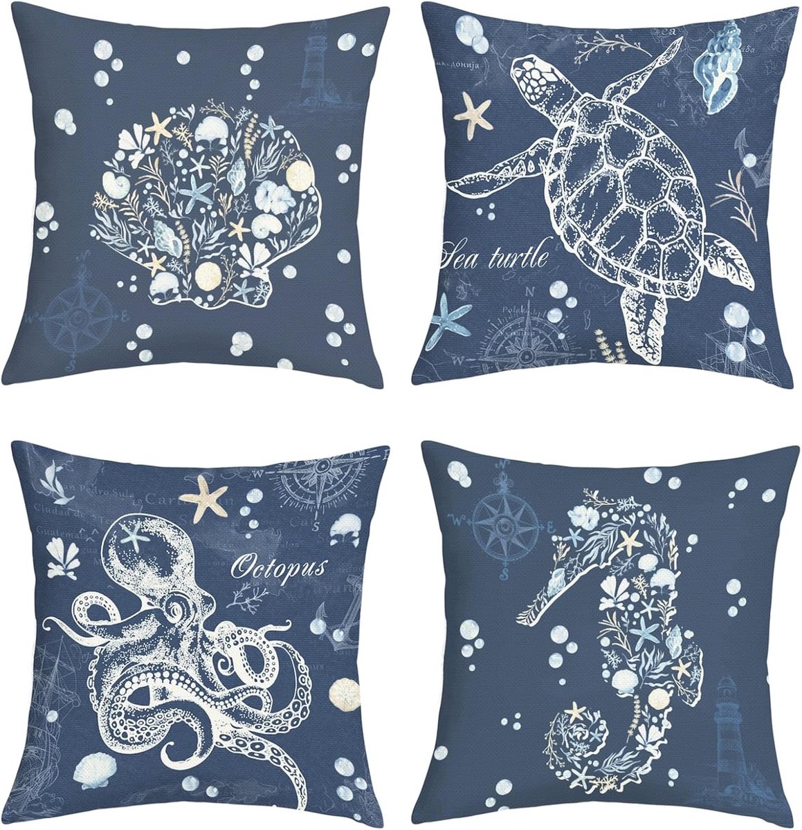Summer Blue Sea Turtle Cushion Covers 45x45 Pack of 4 Ocean Octopus Seahorse Sea Shell Square Throw Pillow Cover - ShopVlot