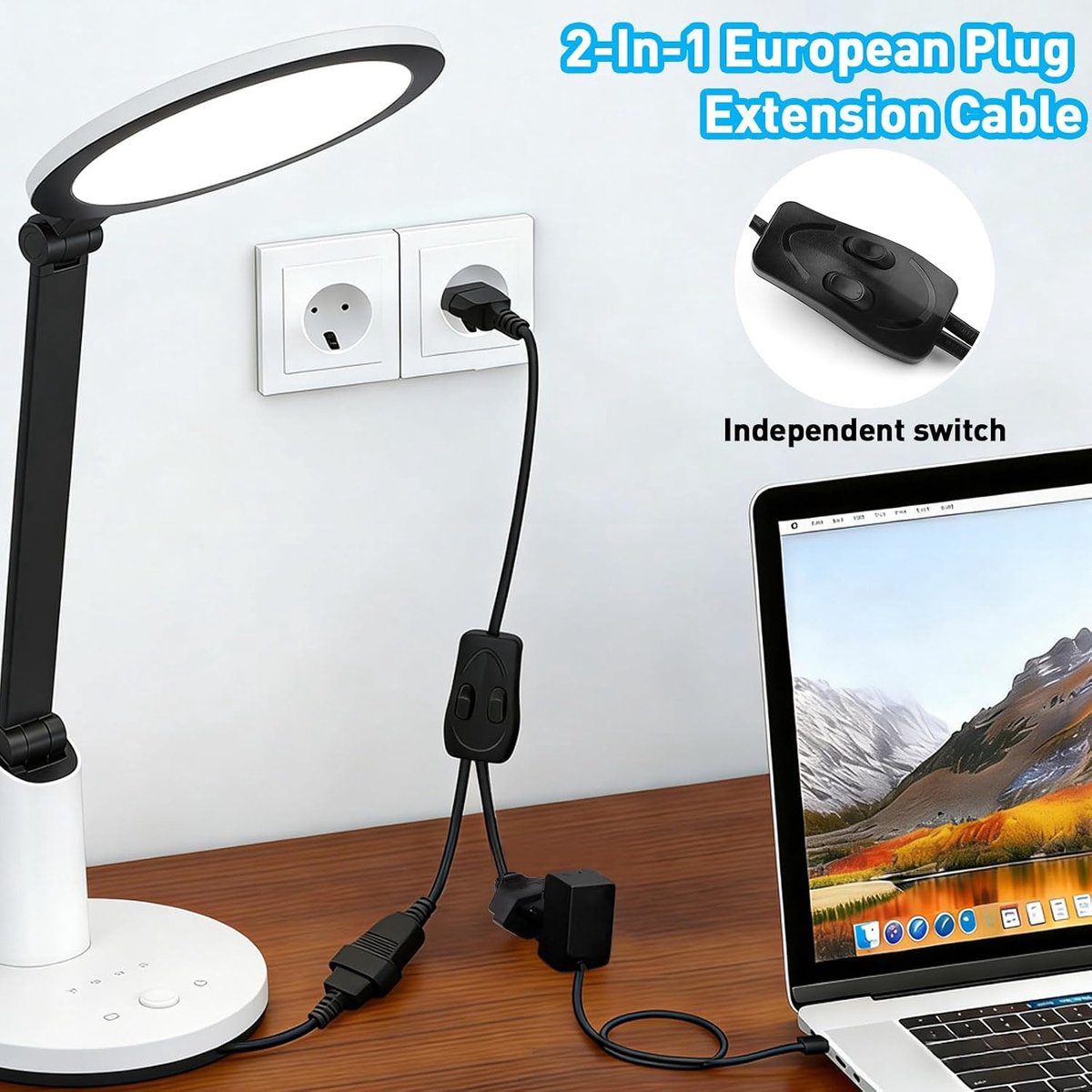 CHEVVY Extension Cable 150 cm, Extension Cable Euro Plug 2-in-1 with Independent Switch, 1 to 2 Euro Extension 0.75 - ShopVlot