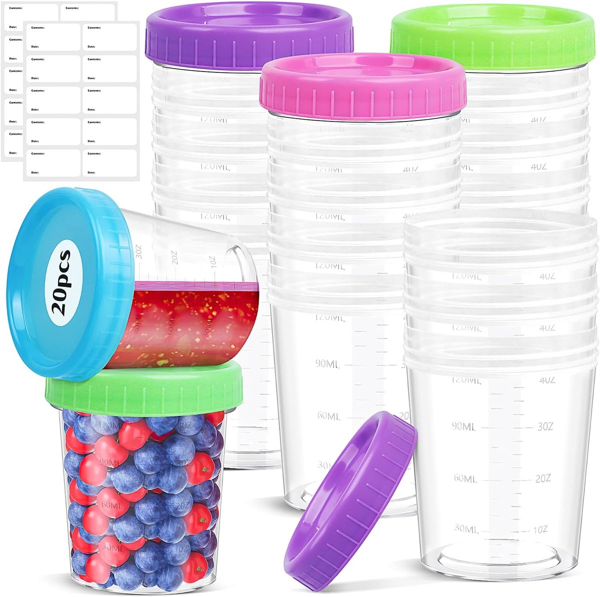 Food Box Small with Bowl 20 Pieces 120 ml Small Plastic Box with Lid and Labels Reusable Transparent for Fruit Yogurt - ShopVlot