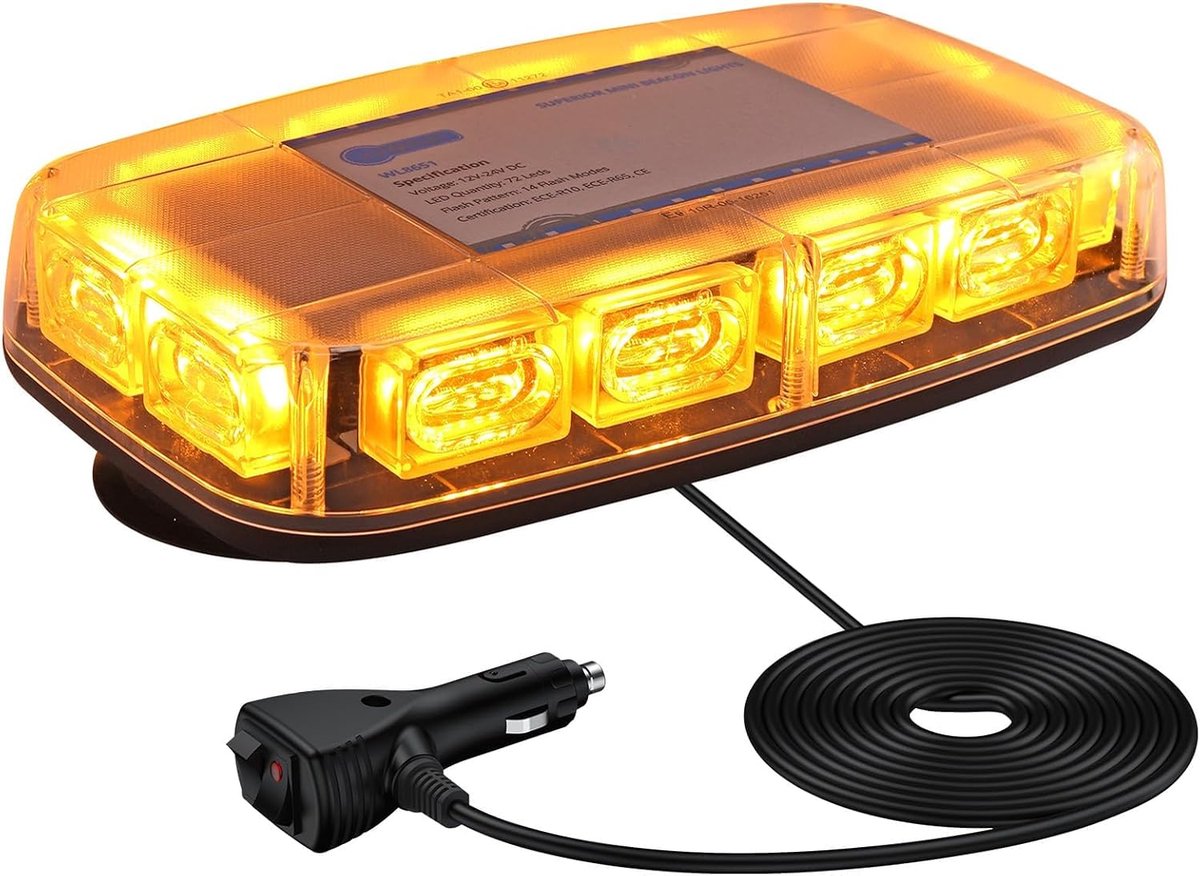 Amber 72 LED Warning Light, 10V-30V, 14 Modes, Warning Light, E-Approval, Flashing Light with 4 Super Magnetic Base + - ShopVlot