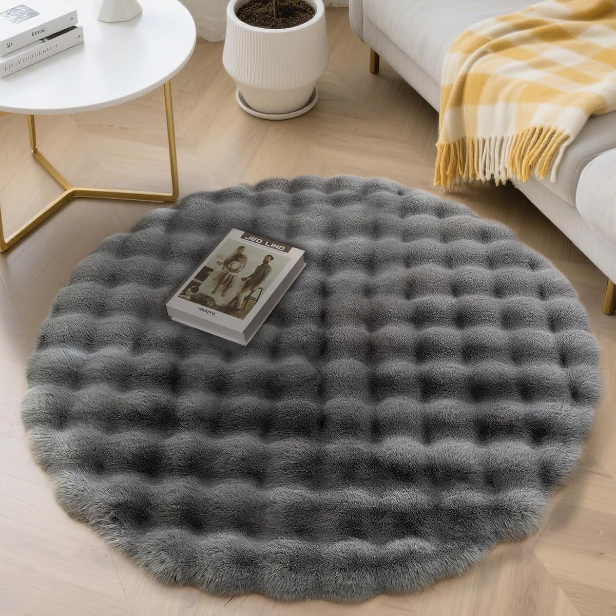 Round Rug for Living Room Bedroom Fluffy Faux Fur Rug Long Hair 90 x 90 cm, Washable and Non-Slip Comfortable High - ShopVlot