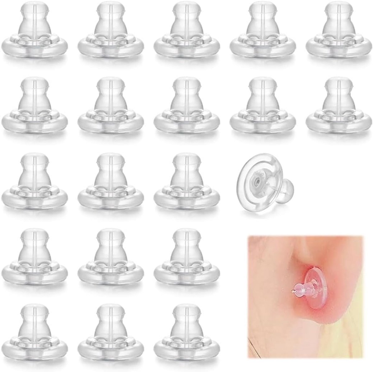 Set van 20 veilige oorbelsluitingen van hypoallergene siliconen en metaal, dubbele veiligheid, 8 x 10 mm, wit, voor - ShopVlot