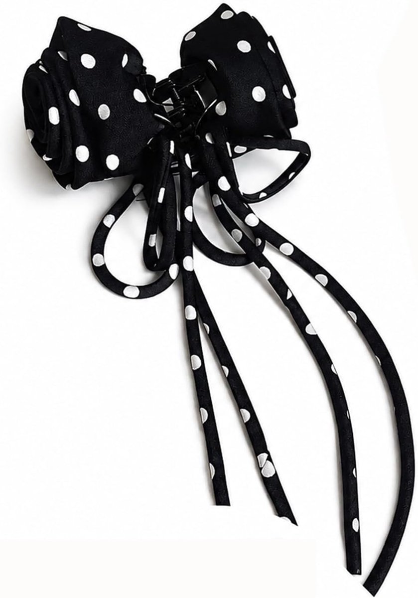 Large Polka Dots Hair Bow Banana Clip, Vintage Black Ribbon Hair Bows for Women, Soft Fabric Ponytail Vertical - ShopVlot