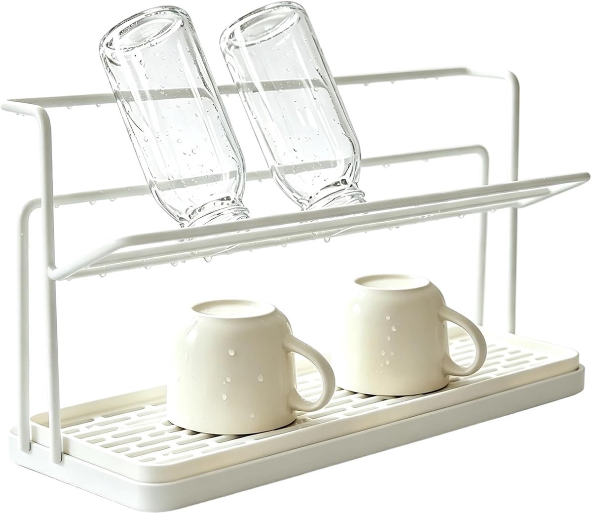Afdruiprek tweetraps 38,5 x 11 x 19,5 cm - wit metaal - optimale ruimtebesparing - perfect voor flessen en kopjes - ShopVlot