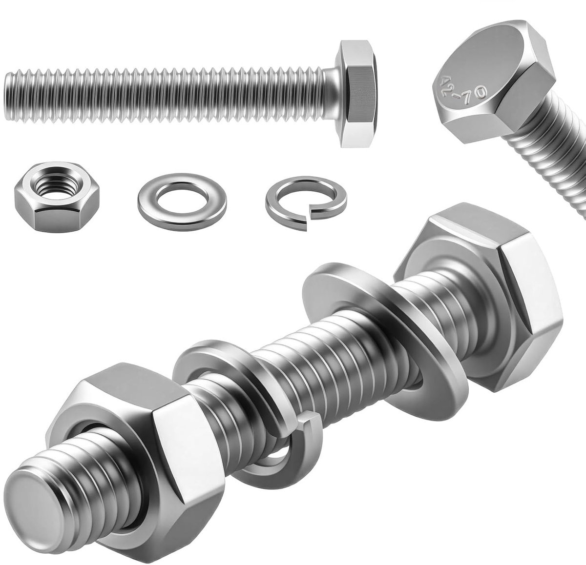 Zeskantschroeven M6 x 50 mm - Roestvrij staal A2 V2A - Inclusief zeskantmoeren en ringen - ShopVlot