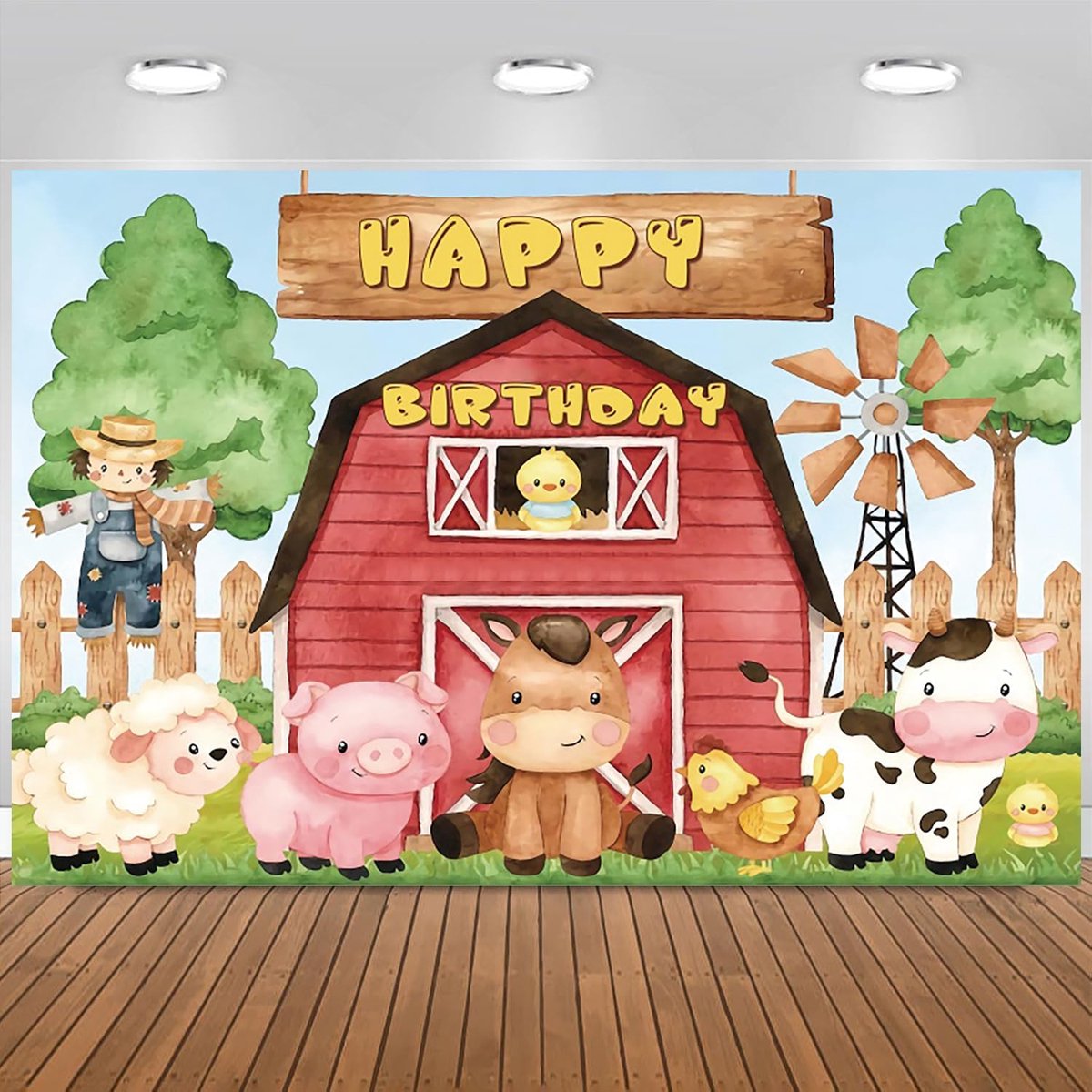 Fotobehang boerderij rood huis cartoon boerderijdieren 7x5FT - vinyl materiaal - kleurrijk ontwerp - ShopVlot