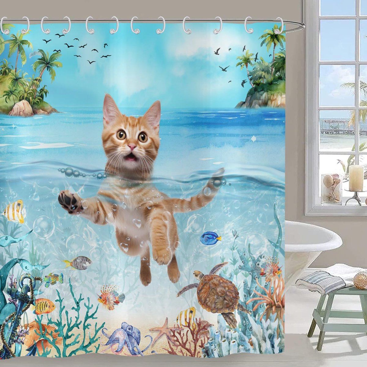 Douchegordijn 180 x 200 - schattige kitten in blauw oceaan - waterdicht polyester - veilig en comfortabel baden - ShopVlot