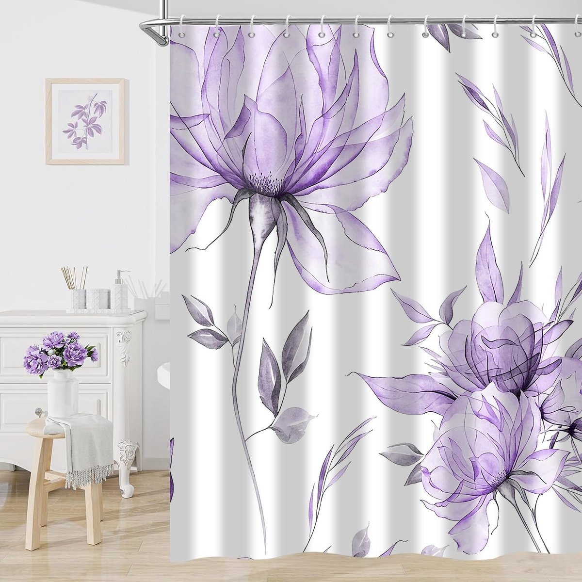 Douchegordijn Waterverf Bloemen 180x200cm - Paars Boho Bloemen en Bladeren - Modern Minimalistisch - ShopVlot