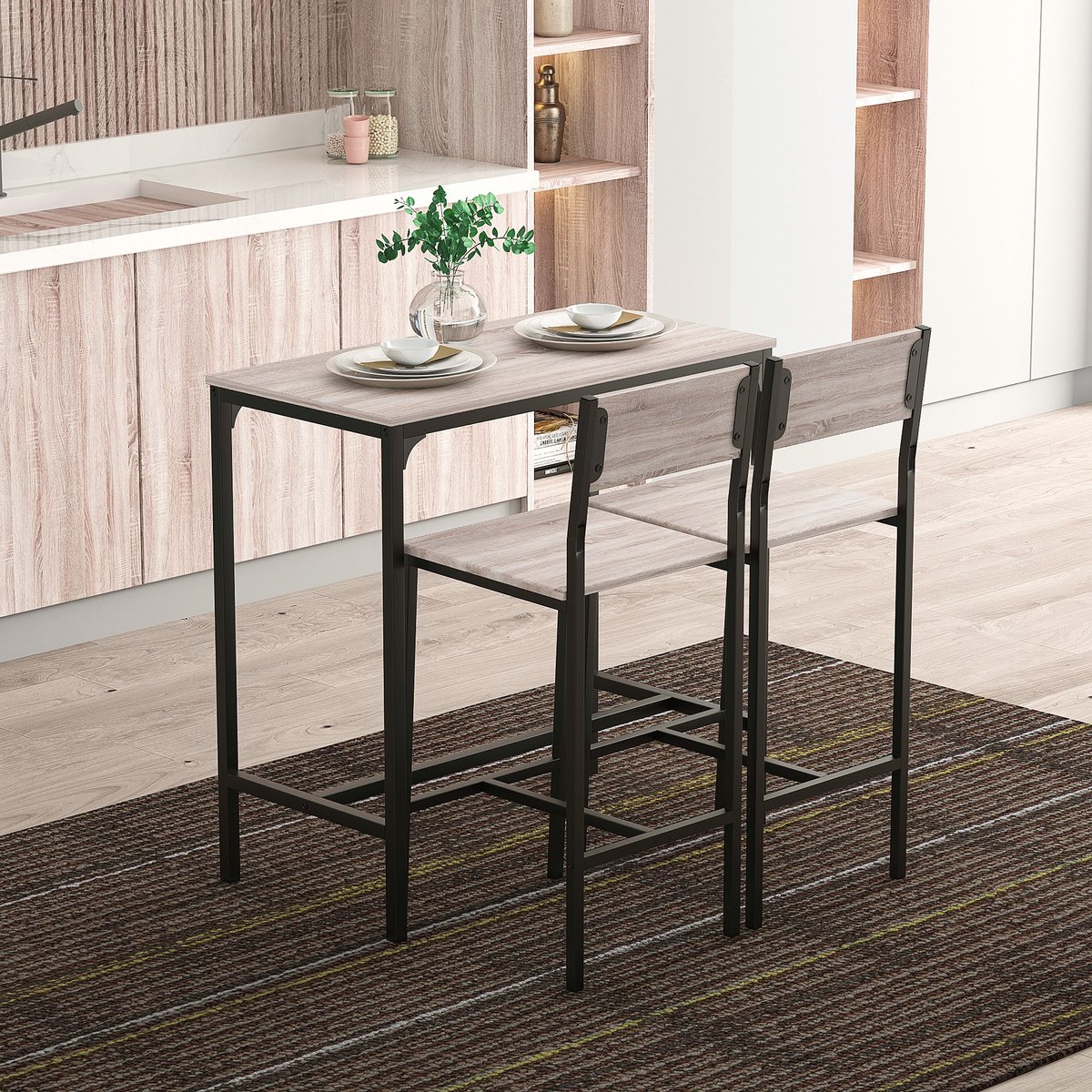 DESMIU Bartafelset Met 2 Stoelen - 3 Delig - Modern Met Stevige Metalen Constructie - Voor Keuken En Eetruimte - MDF En Metaal - Naturel En Zwart