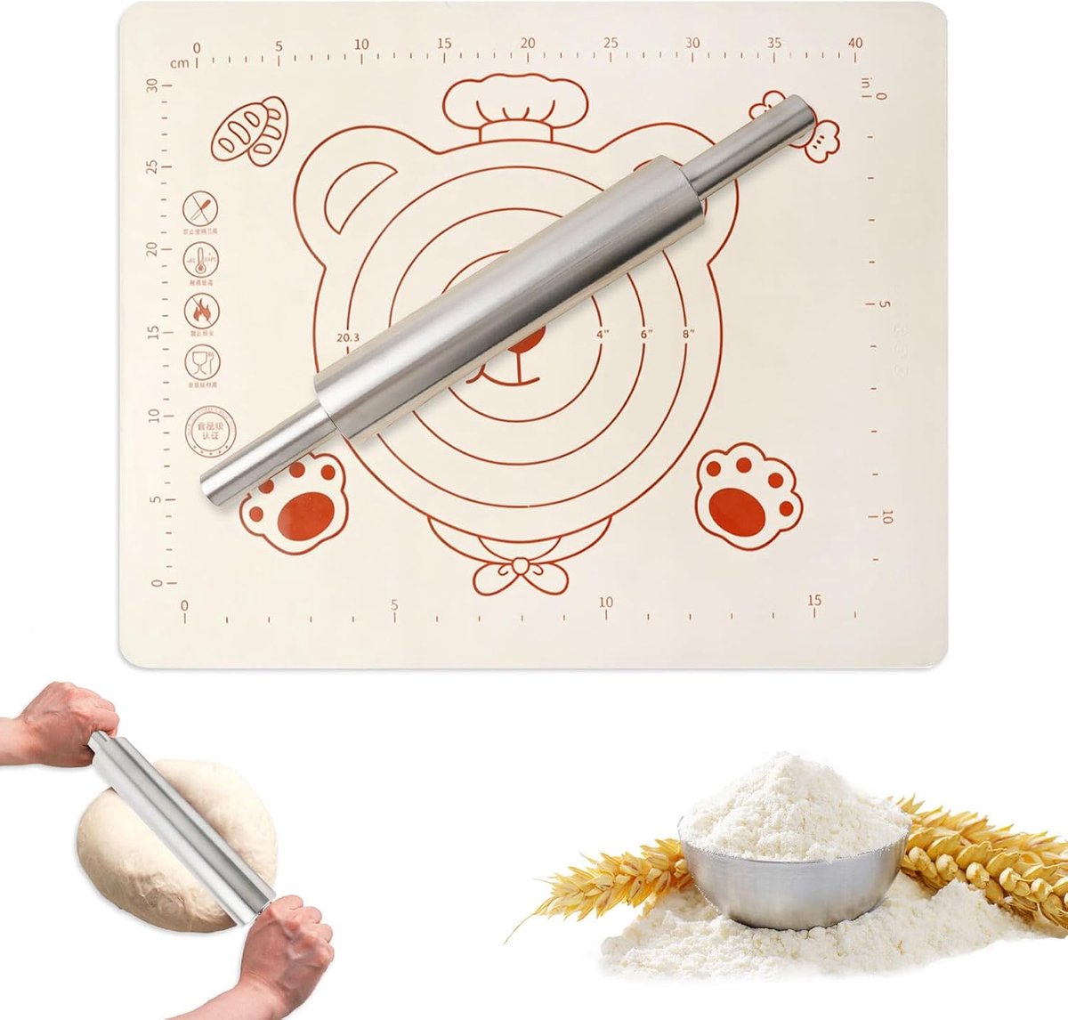 Deegroller roestvrij staal 43 cm - siliconenmat 50 x 40 cm - anti-aanbaklaag - ideaal voor deeguitrollen - ShopVlot