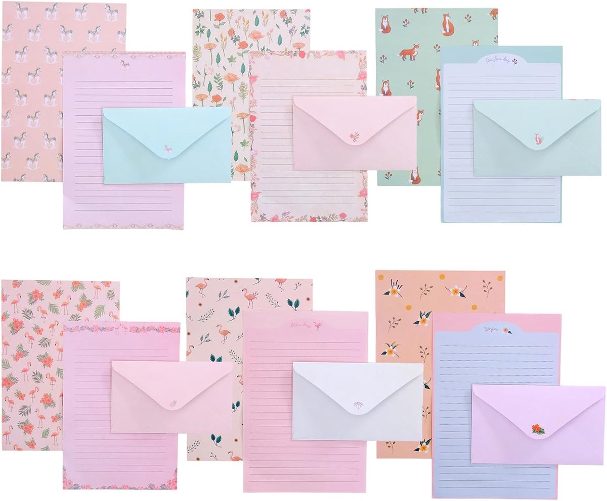 Briefpapierset A5 - 36 vellen + 18 enveloppen - 6 bloemendesigns - ideaal voor brieven en gedichten - ShopVlot