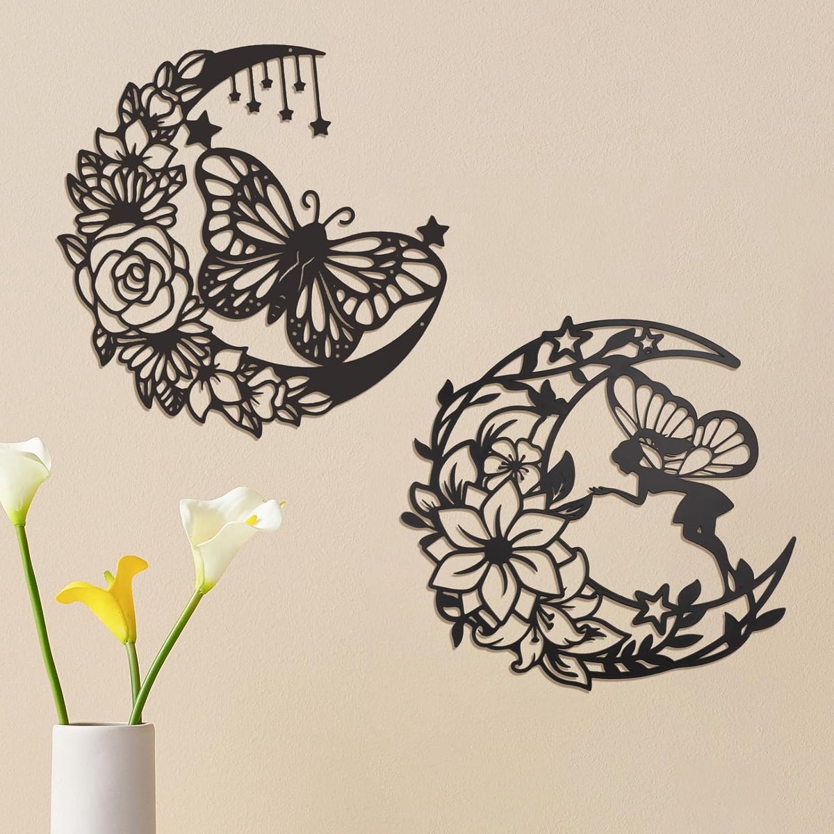 Metalen wanddecoratie set van 2 - zwart metaal - maan en fee - uniek als cadeau - ShopVlot