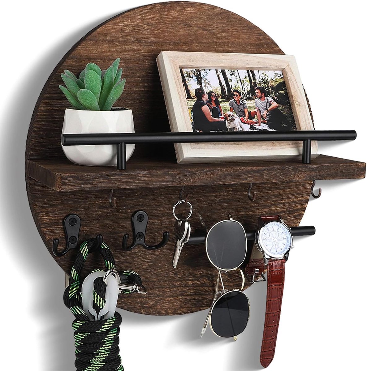 Sleutelrek met opbergruimte - ronde vintage houten sleutelbord - decoratief voor hal of wardrobe - ShopVlot