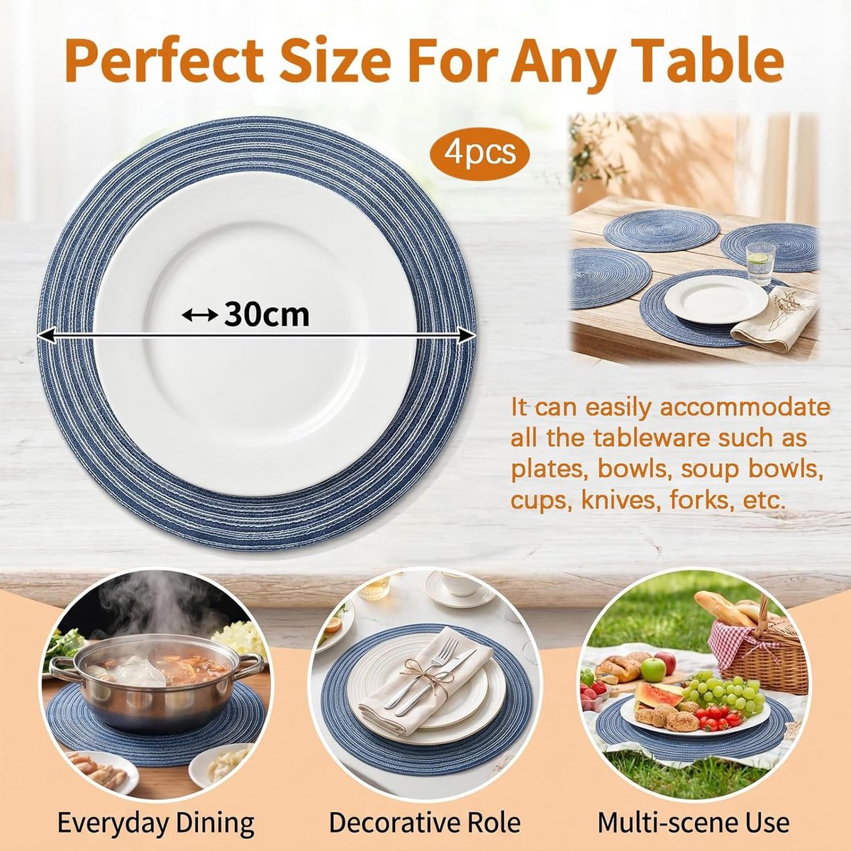 Placemats rond 30 cm - Katoen gevlochten - Wasbaar en hittebestendig - Voor de eettafel - ShopVlot