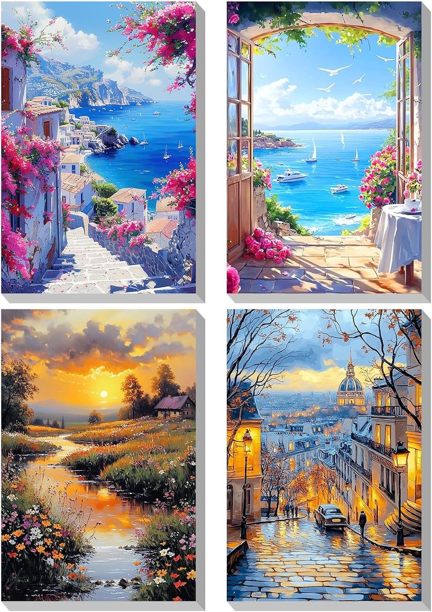 Verf op nummers kits 4 pack - ingelijst op canvas - acrylverf en borstels - ShopVlot