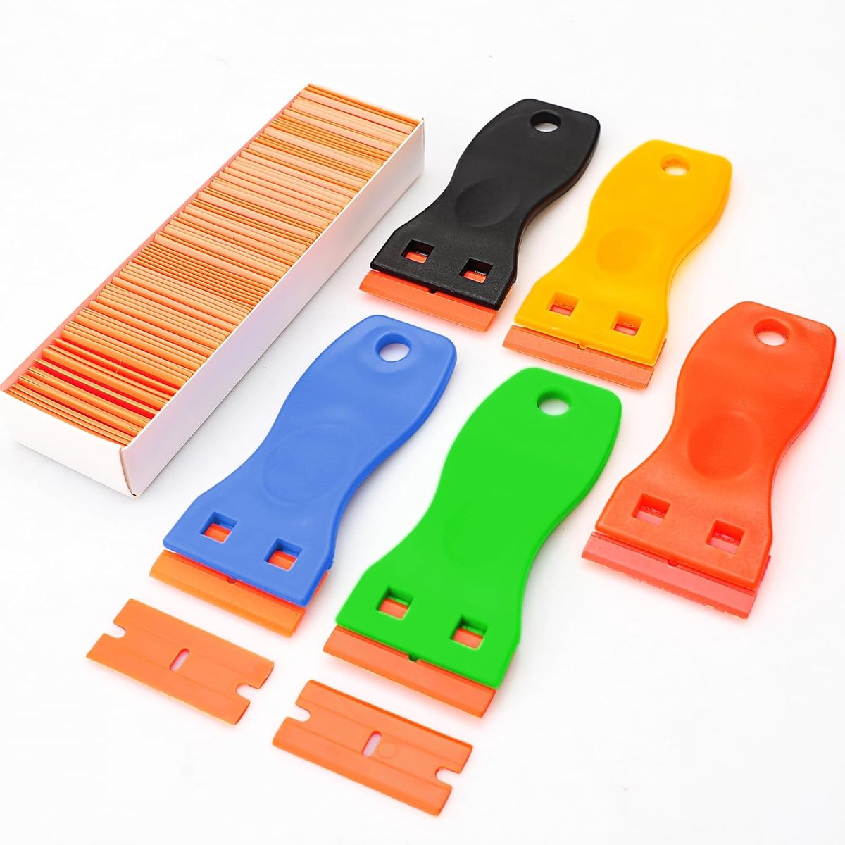 Plastic schrapers set van 5 - 100 verwisselbare messen - diverse kleuren - eenvoudig lijm verwijderen - ShopVlot