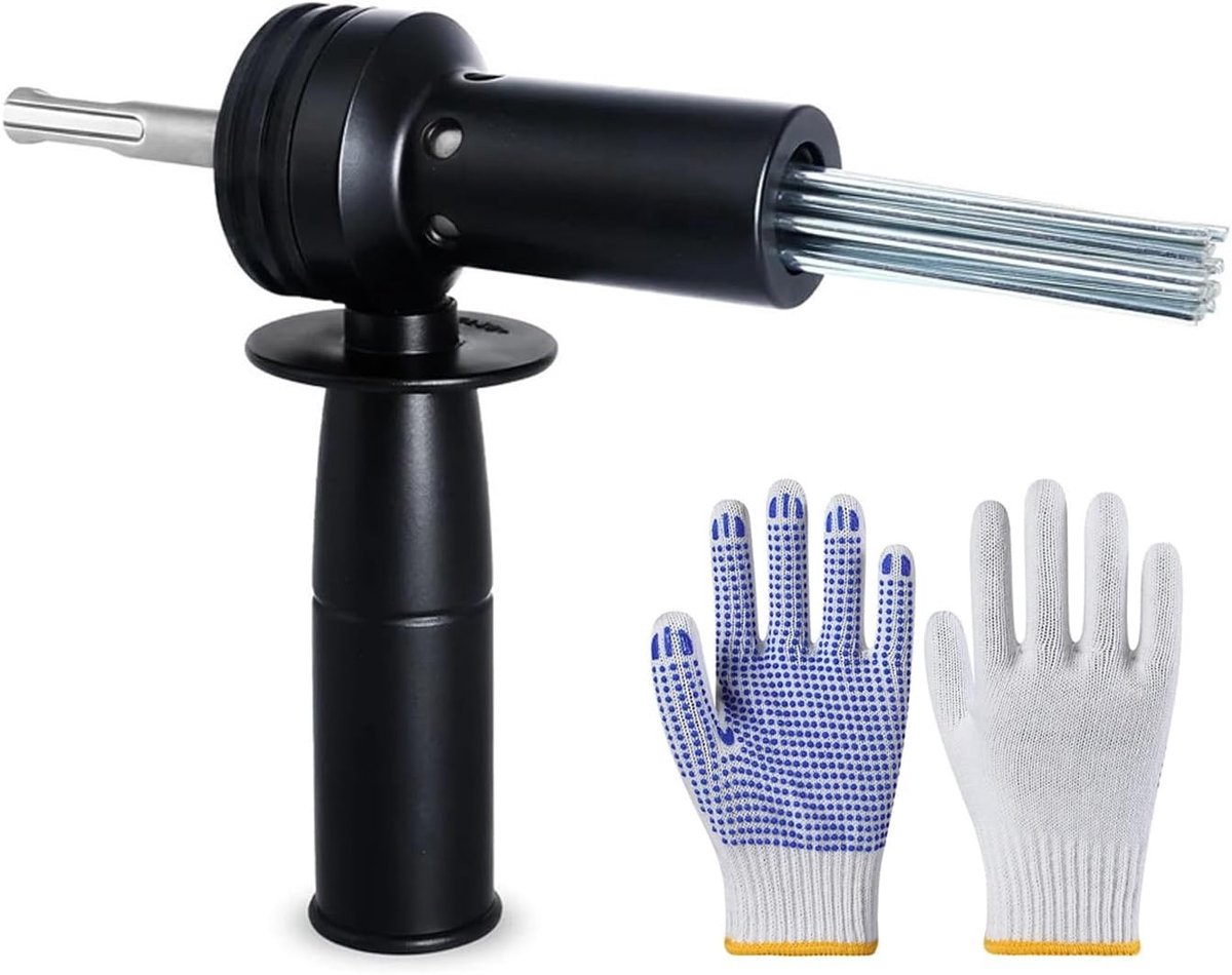 Elektrische naaldverwijderaar met opzetstuk en handschoenen, ideaal voor het verwijderen van laslakken en verf