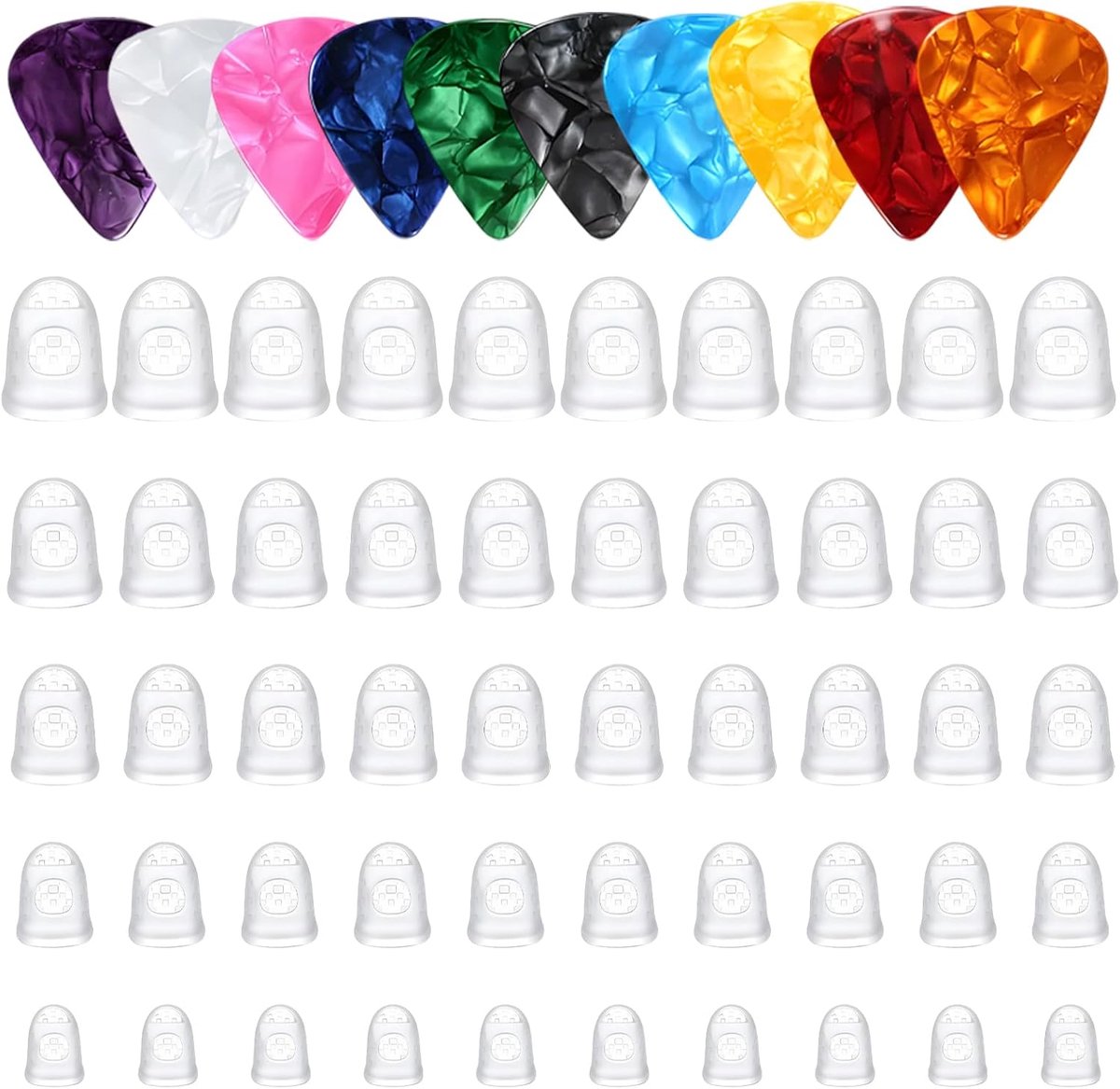 Gitaaraccessoires 50 stuks - Siliconen vingerbescherming - 5 maten - Inclusief plectrums voor instrumenten - ShopVlot