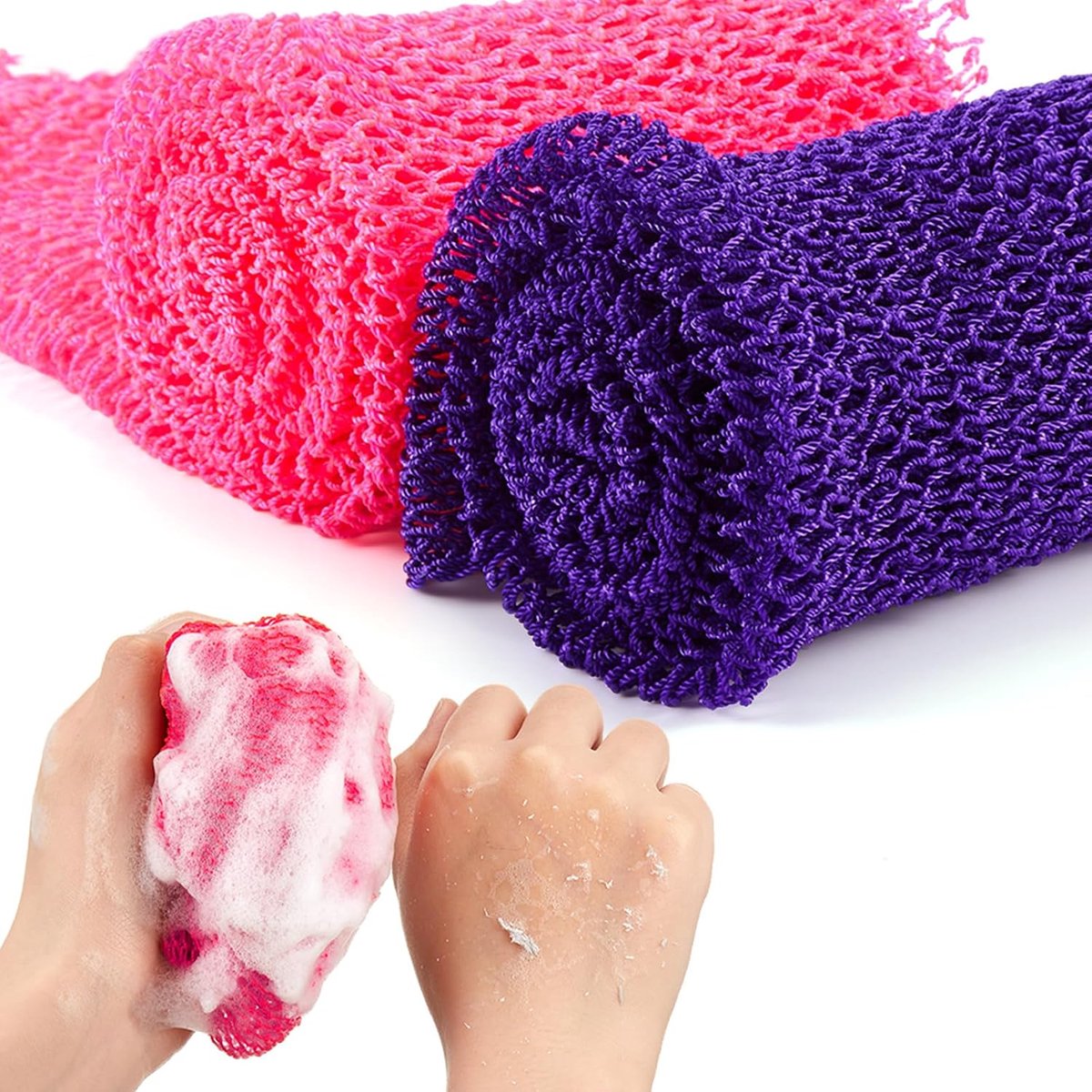 Scrub net voor lichaam - 2 stuks - paarse en roze variant - exfoliëren voor zachte huid - ShopVlot
