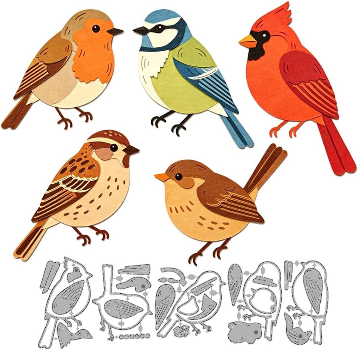 Gestanste sjablonen vogels - meerlaagse koolmees, roodborstjes, hekkoning - snijsjablonen voor kaarten - ShopVlot