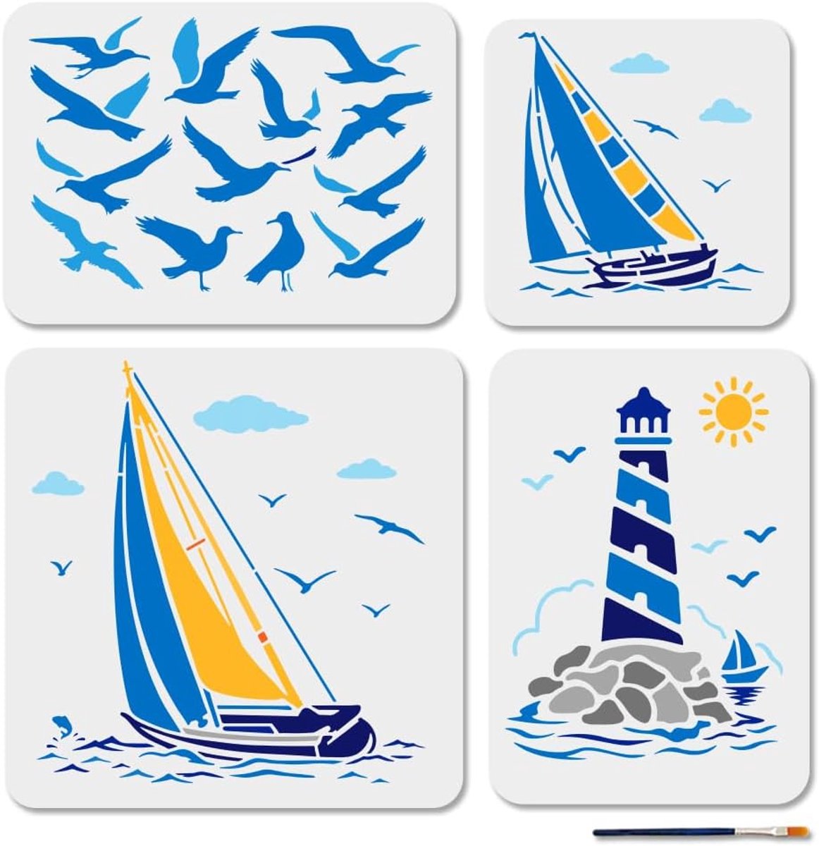 Schilderstencils zeilboot en meeuwen - 4 stuks - herbruikbaar - voor wanddecoratie en meubels - ShopVlot