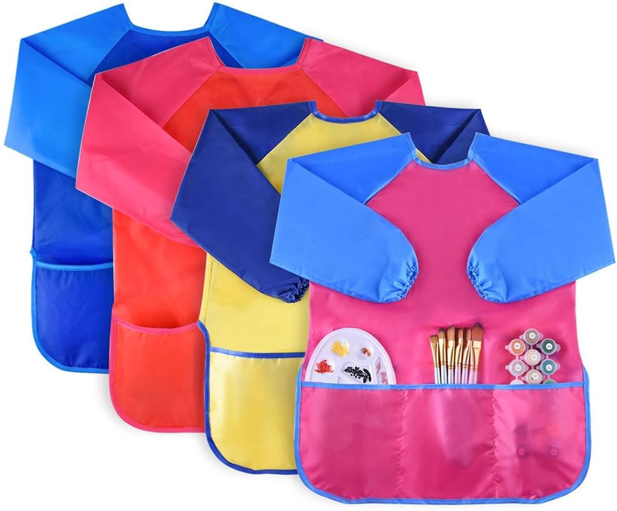 Kinderschort 4 stuks waterproof - lange mouwen - 3 zakken - ideaal voor schilderen - ShopVlot