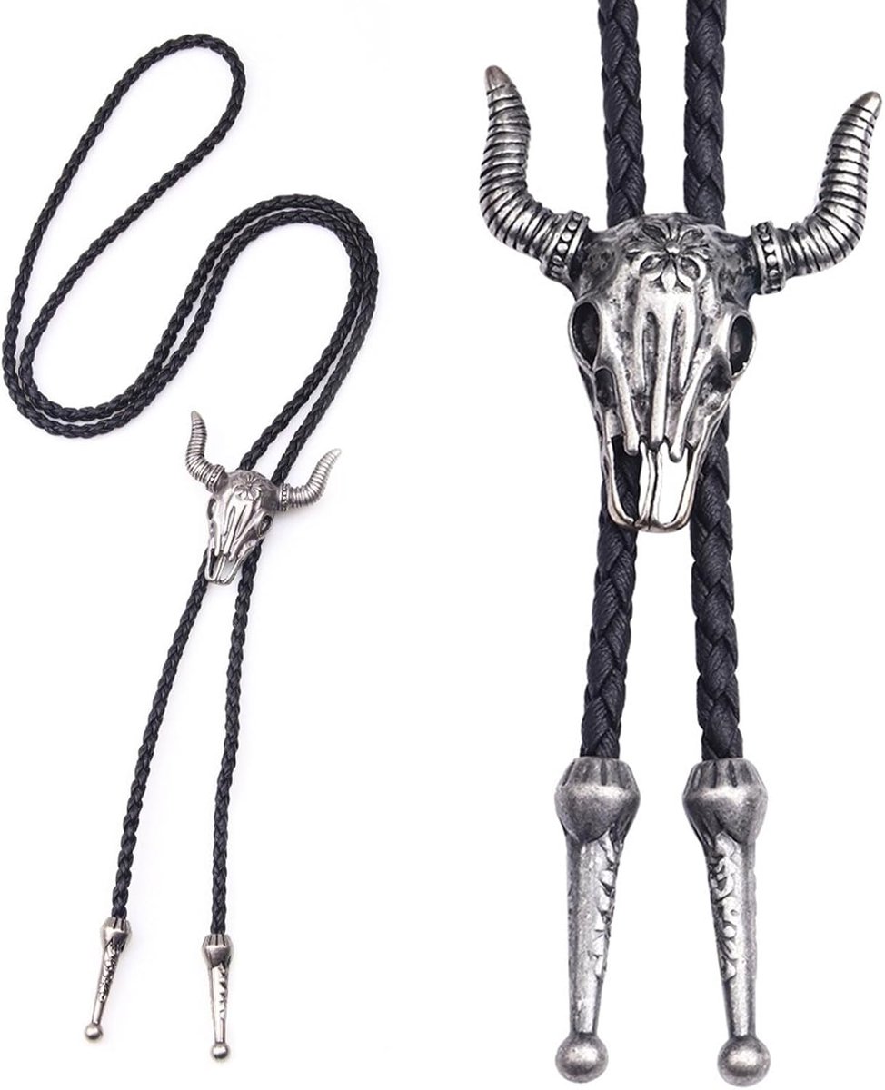Bolo Tie - Lederen Cowboy Ketting - Zwarte Lariat met Runderschedel - Uniek Accessoire voor Hem en Haar - ShopVlot