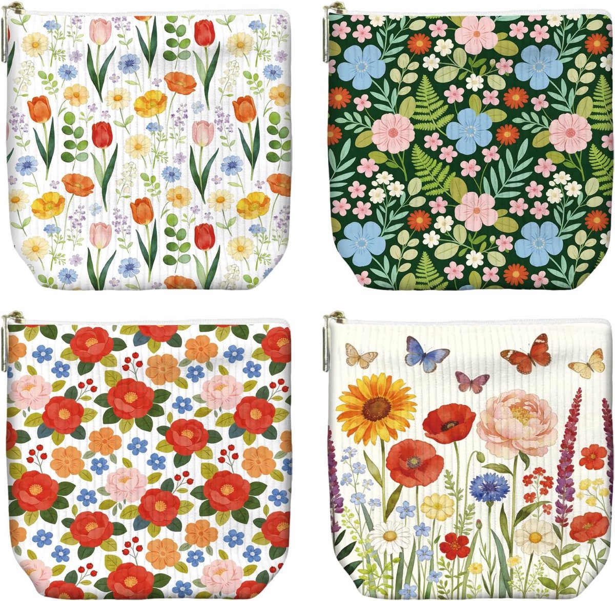 Make-up tasje set van 4 - kleine corduroy tassen - kleurrijke bloemen en vlinders - ideaal voor dagelijkse organisatie - ShopVlot