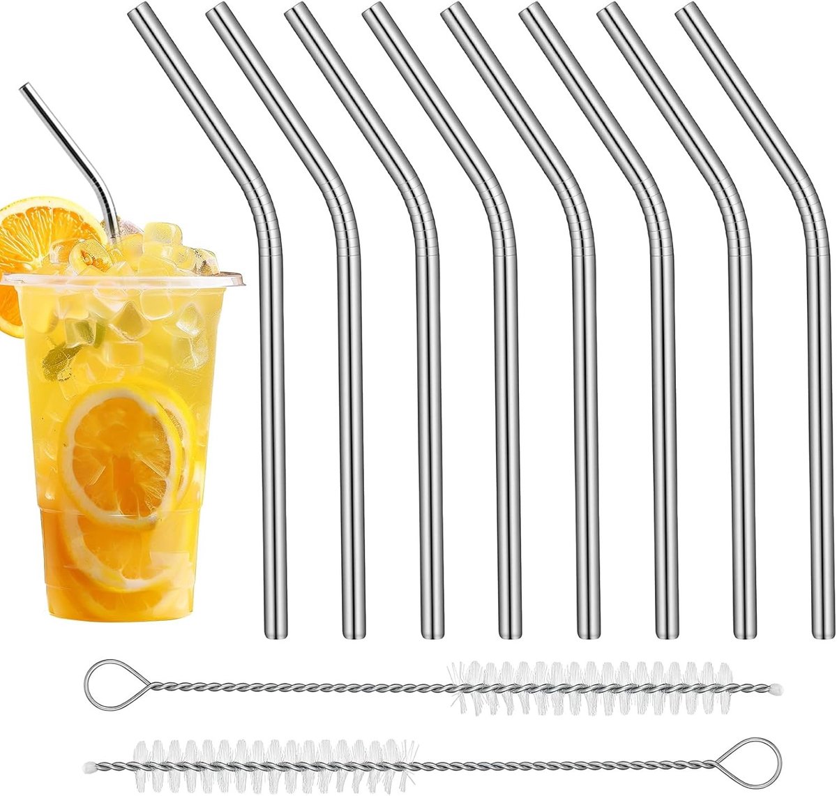 8-delige set van 6-inch korte gebogen metalen cocktailrietjes, roestvrijstalen rietjes met 2 schoonmaakborstels, herbruikbare en draagbare rietjes voor koffie en cocktails
