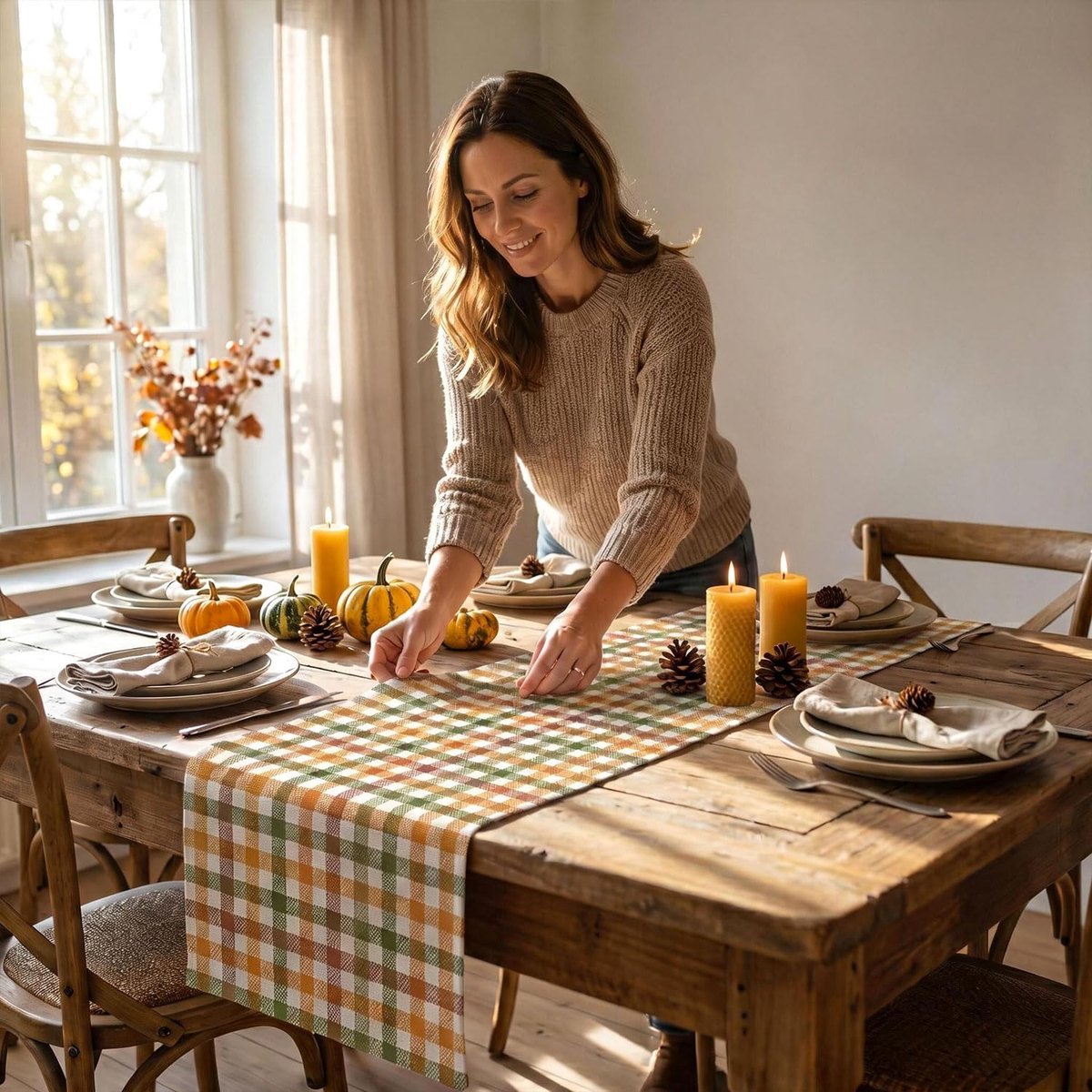 Tafelloper 40 x 140 cm - klassiek ruitpatroon - herfstkleuren - rustieke landhuisstijl - ShopVlot