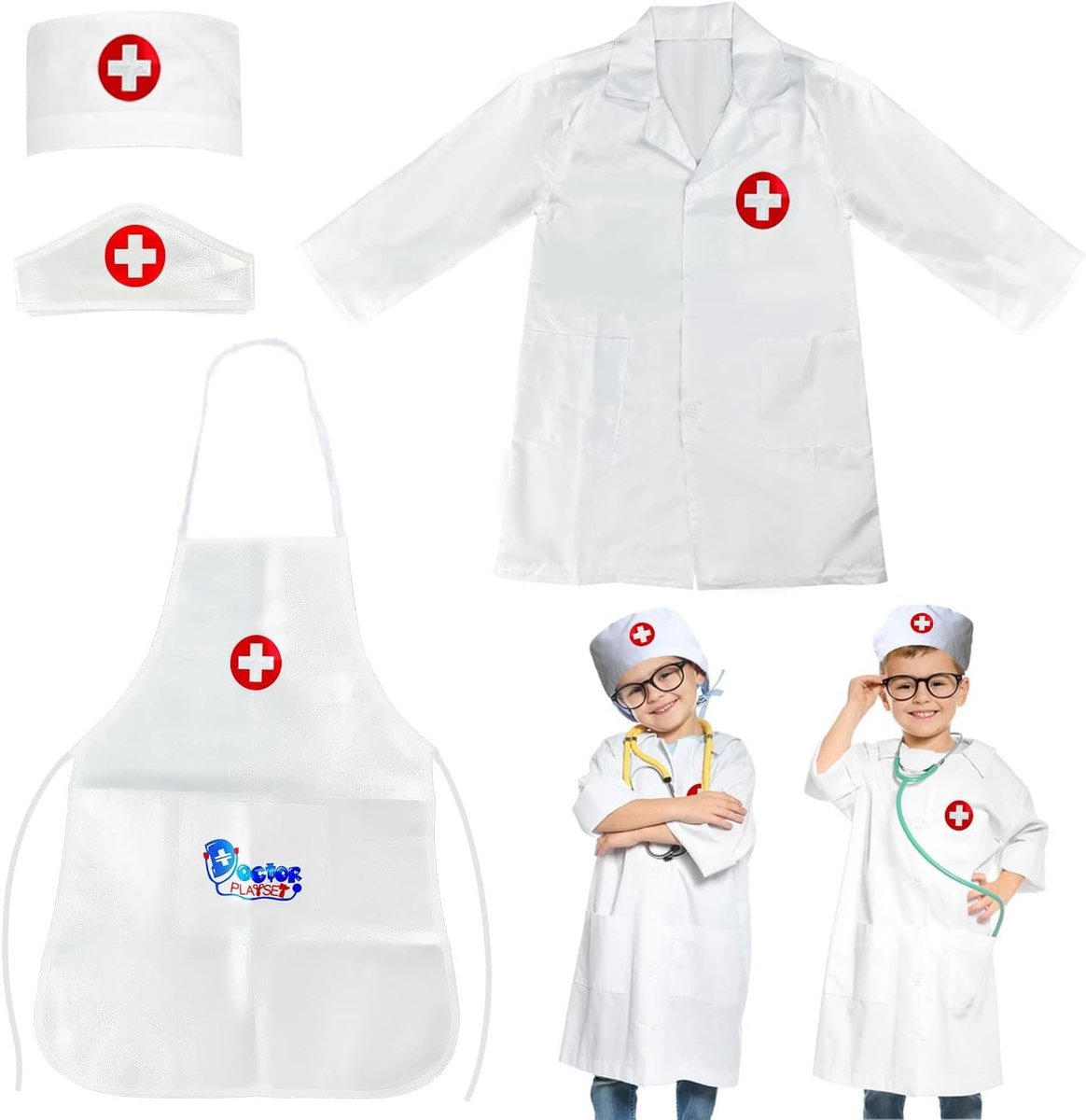 Kinderdokters kostuum voor jongens en meisjes van 3-7 jaar met 2 hoeden voor cosplay, Halloween en feestjes